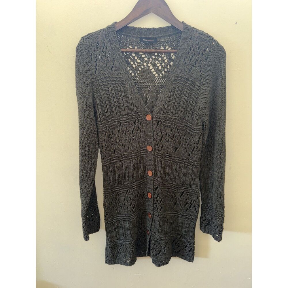 BCBGMAXAZRIA Olive Green Open Knit Long Button Cardigan Sweater Size L